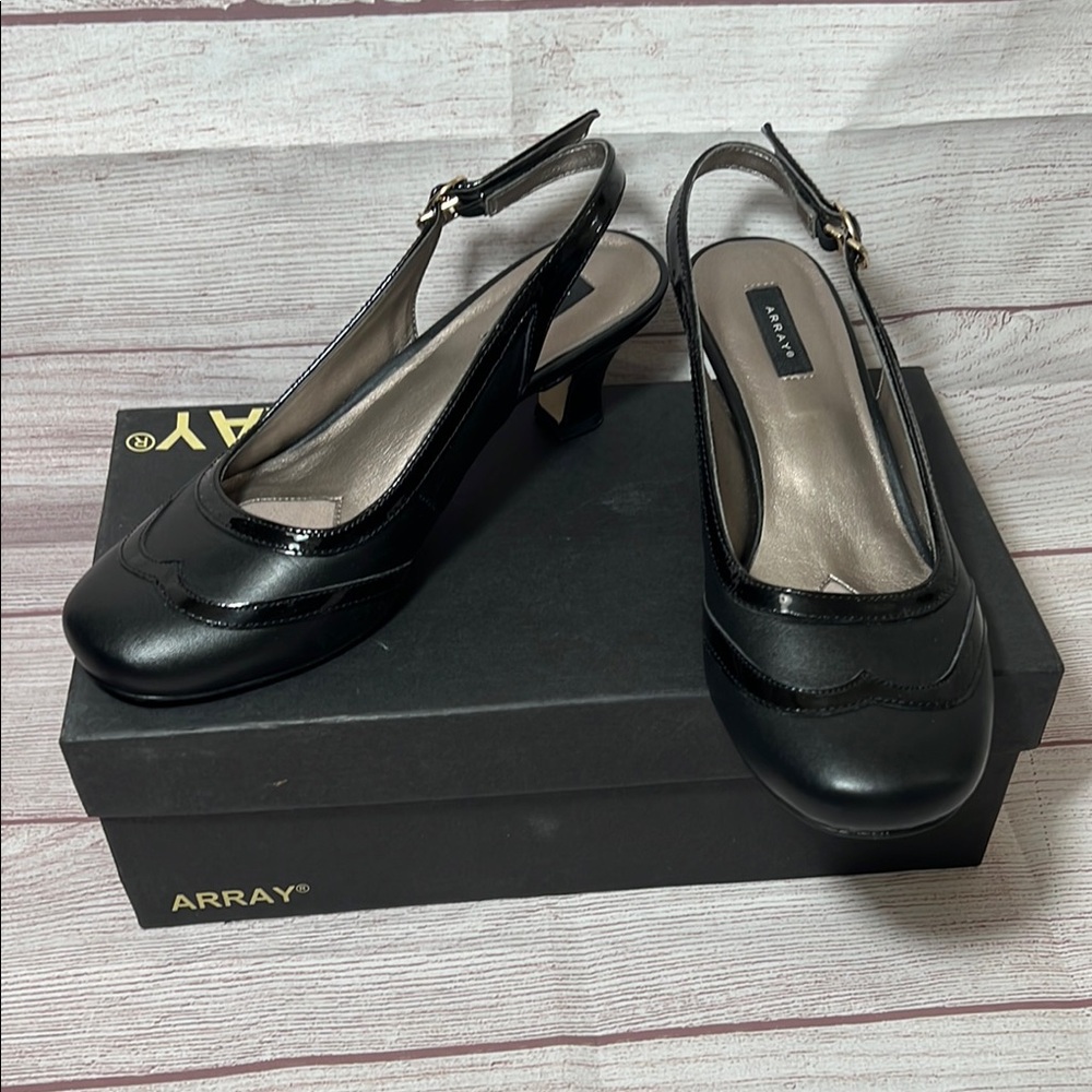 Array Black Leather Slingback Heels Sz 7